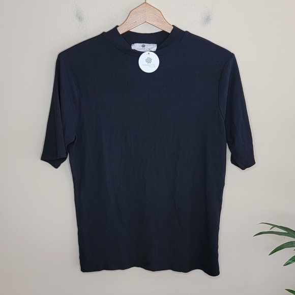 NWT Everyday Chic Boutique | Black Ribbed Modal Mock Neck Short Sleeve Top - Picture 1 of 4